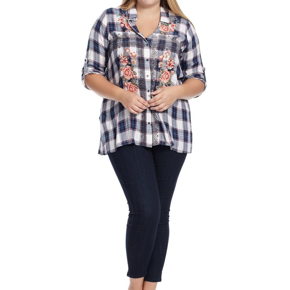 new andree by unit floral embroidered plaid blouse top 2x